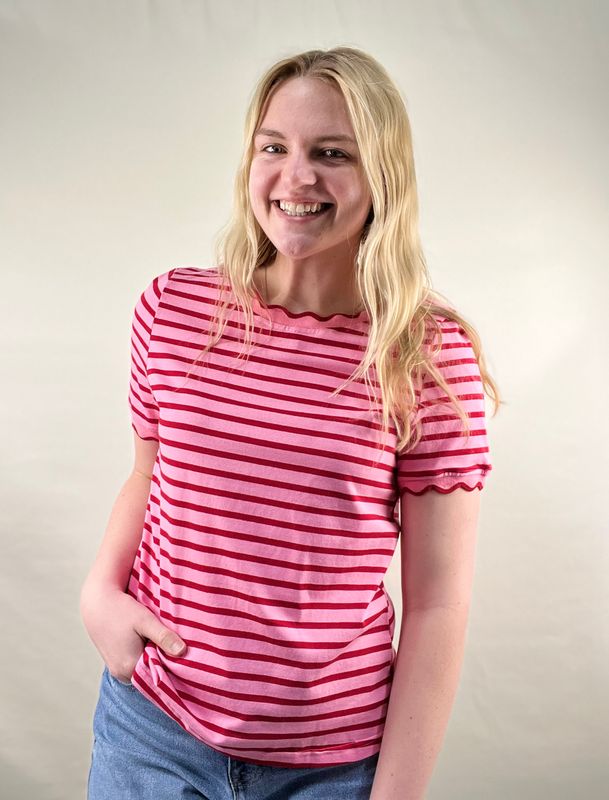 Pink Stripe Scalloped Trim Top