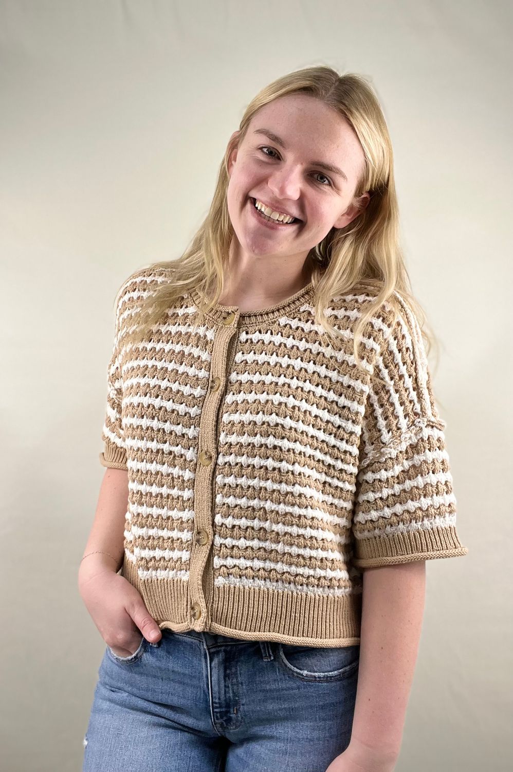 Striped Crop Button Cardigan