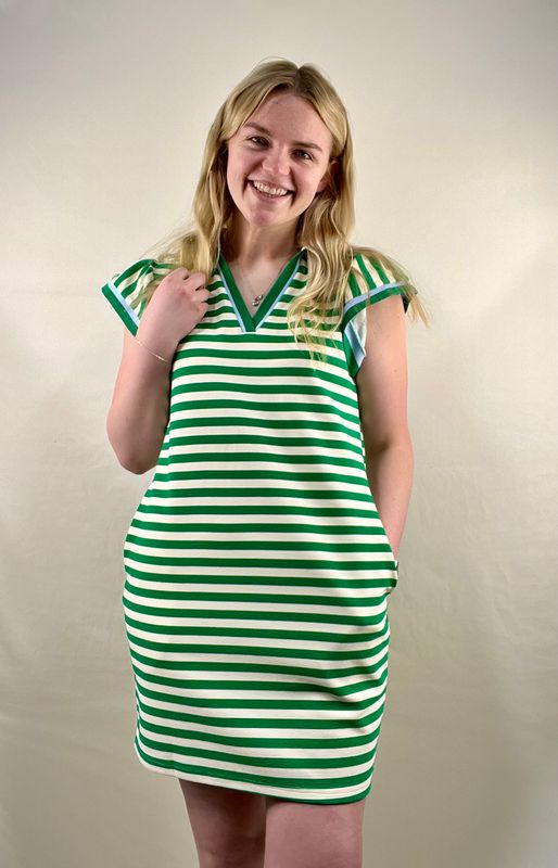 Green Striped Ruffle Sleeve Dress