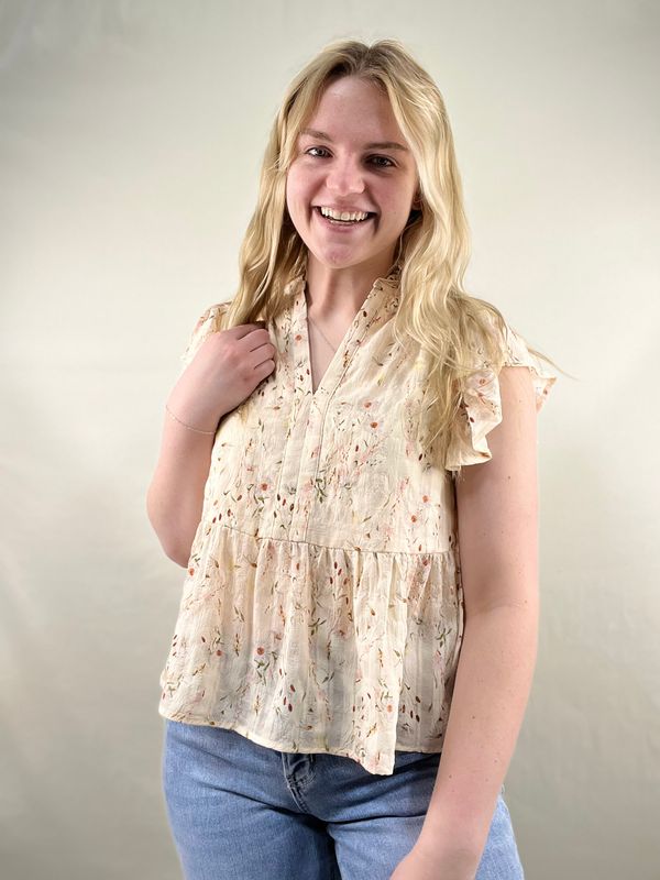 Cream Floral Ruffle Sleeve Top