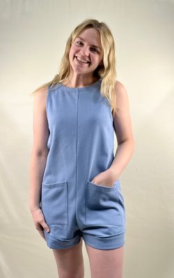 Blue Sleeveless Terry Romper