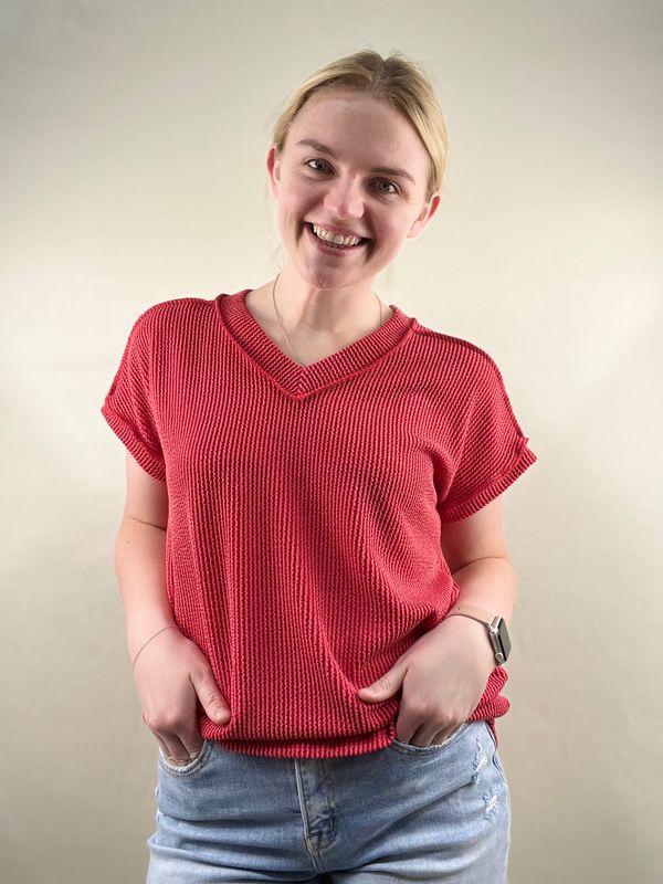 Red Ribbed V-Neck Top