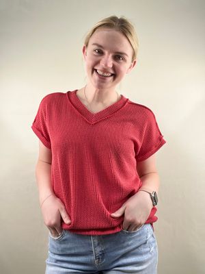 Red Ribbed V-Neck Top