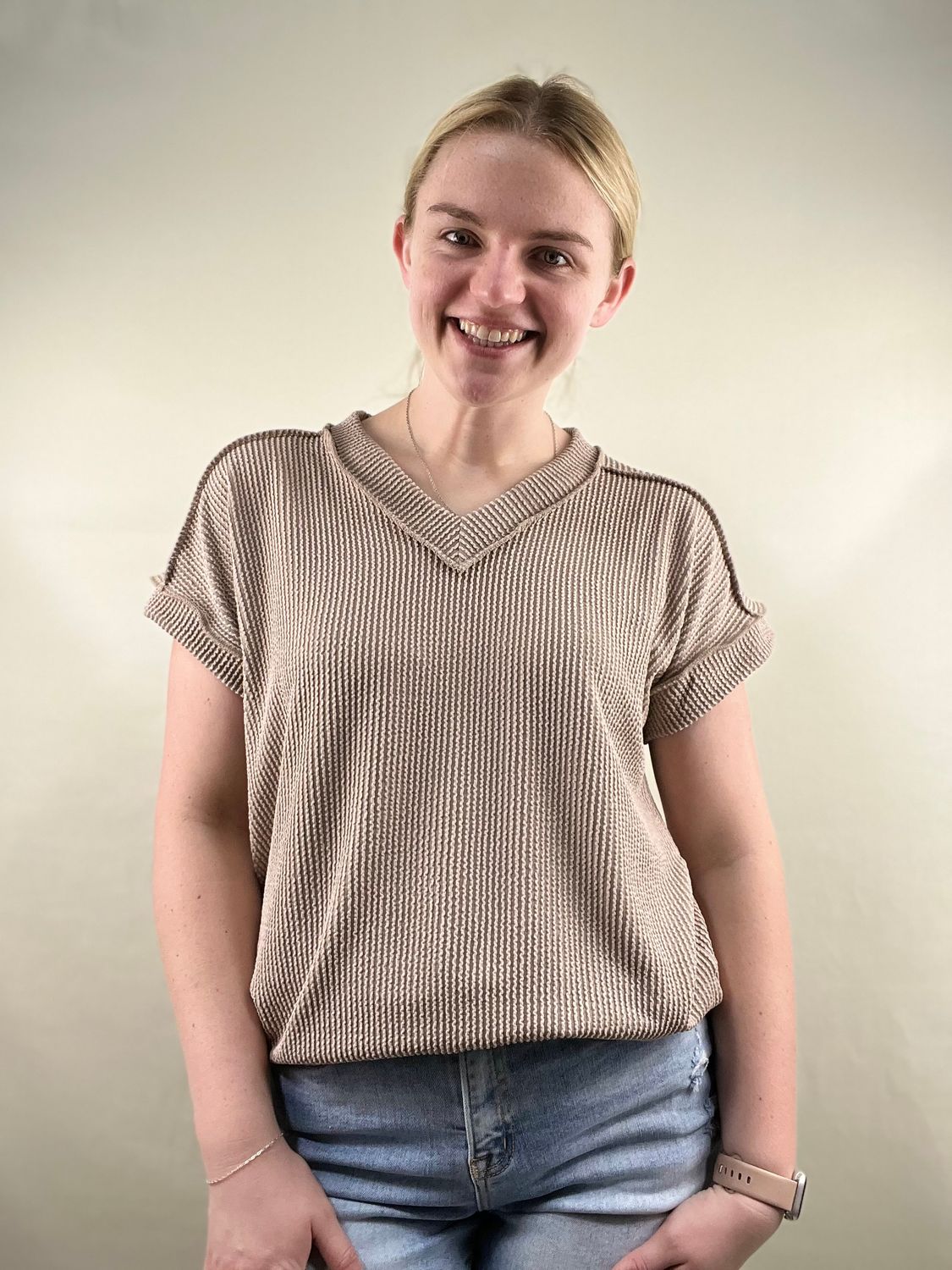 Ash Mocha Ribbed V-Neck Top