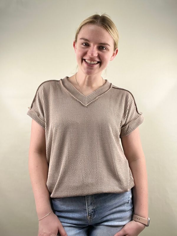 Ash Mocha Ribbed V-Neck Top