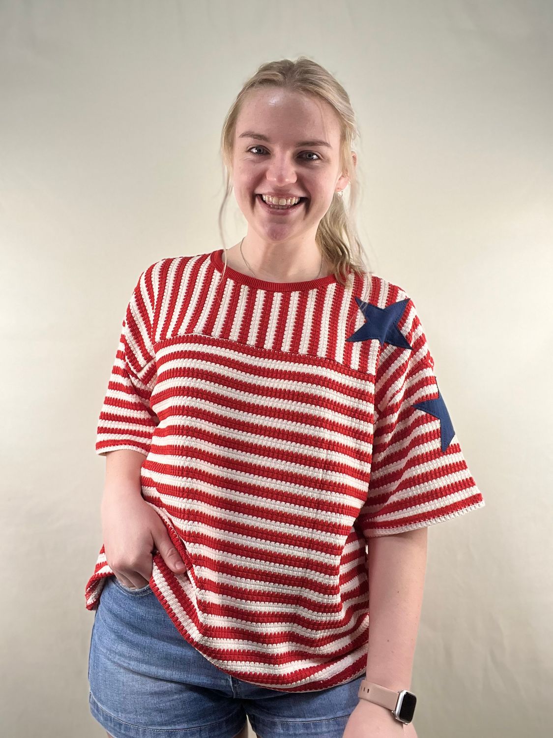 Loose Fit Striped Top with Star Patches