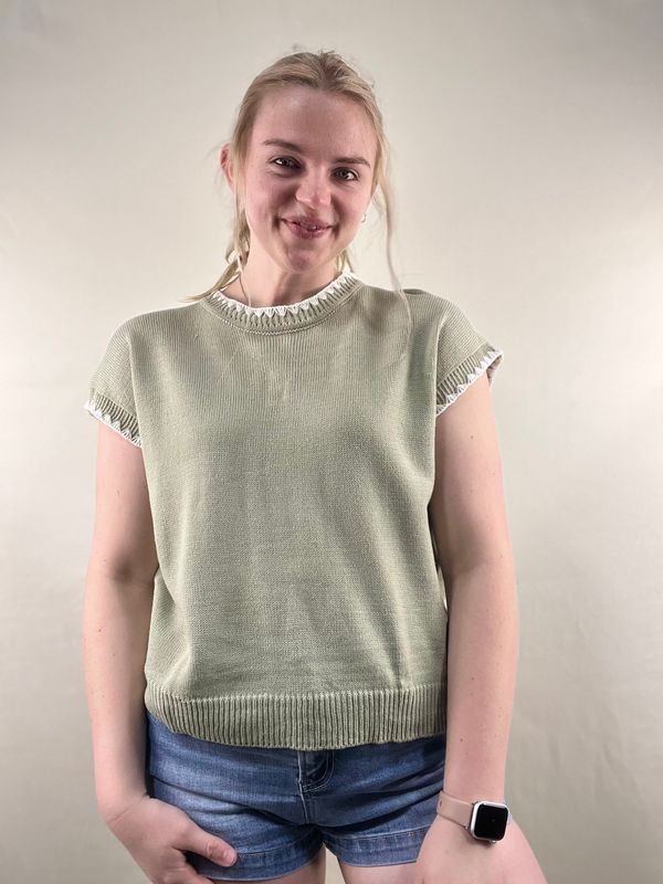 Sage Sweater with Crochet Trim