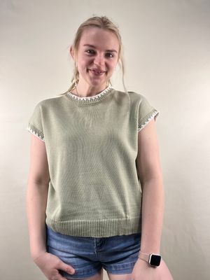Sage Sweater with Crochet Trim