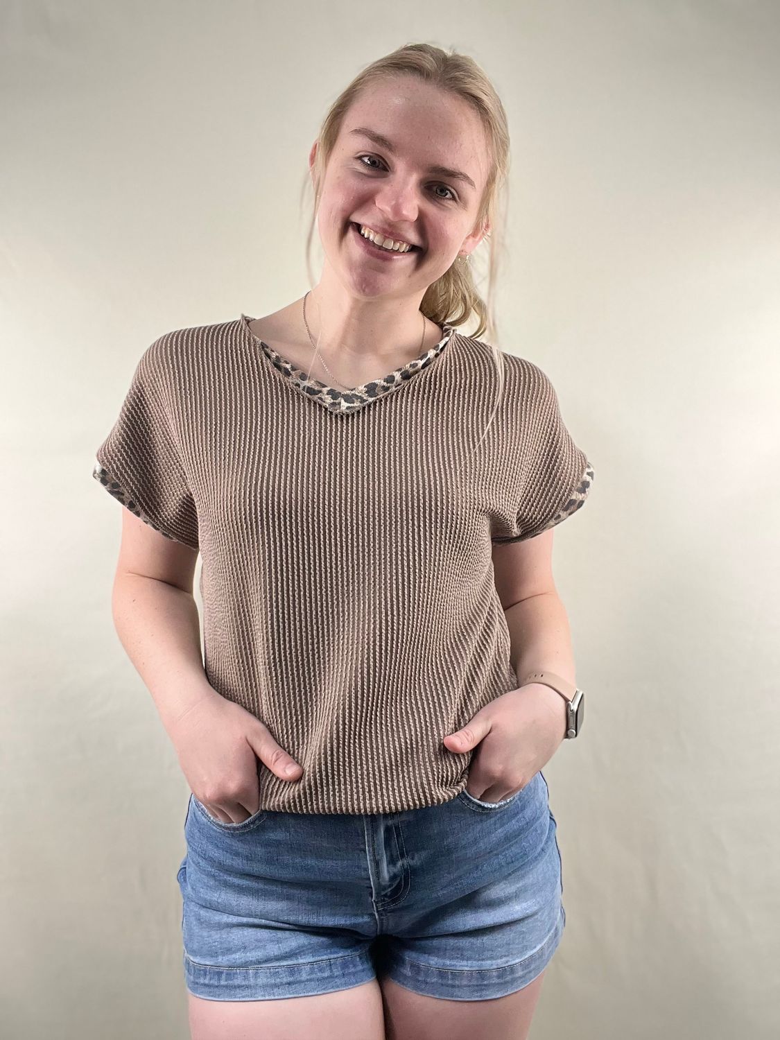 Leopard Accent Ribbed Top
