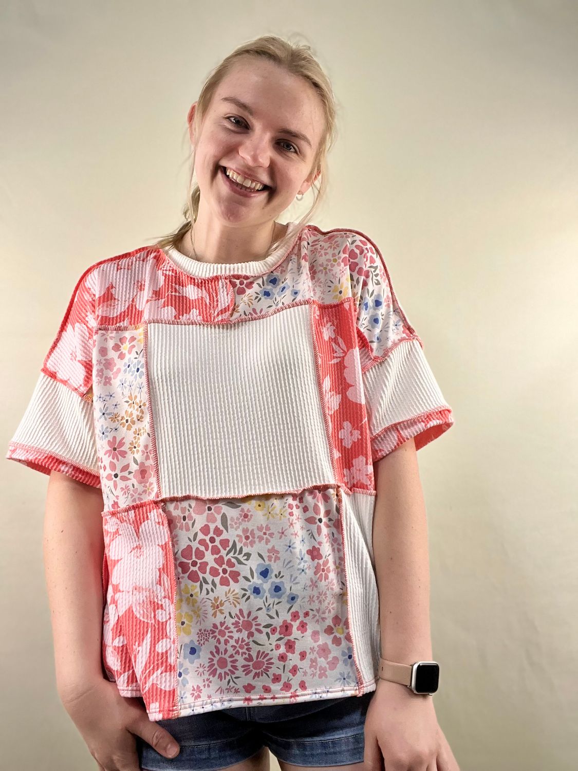 Coral Mix Floral Patchwork Top