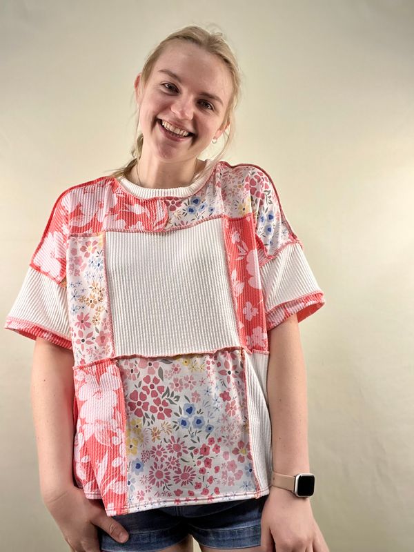 Coral Mix Floral Patchwork Top