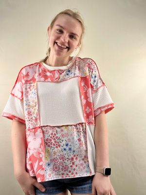 Coral Mix Floral Patchwork Top