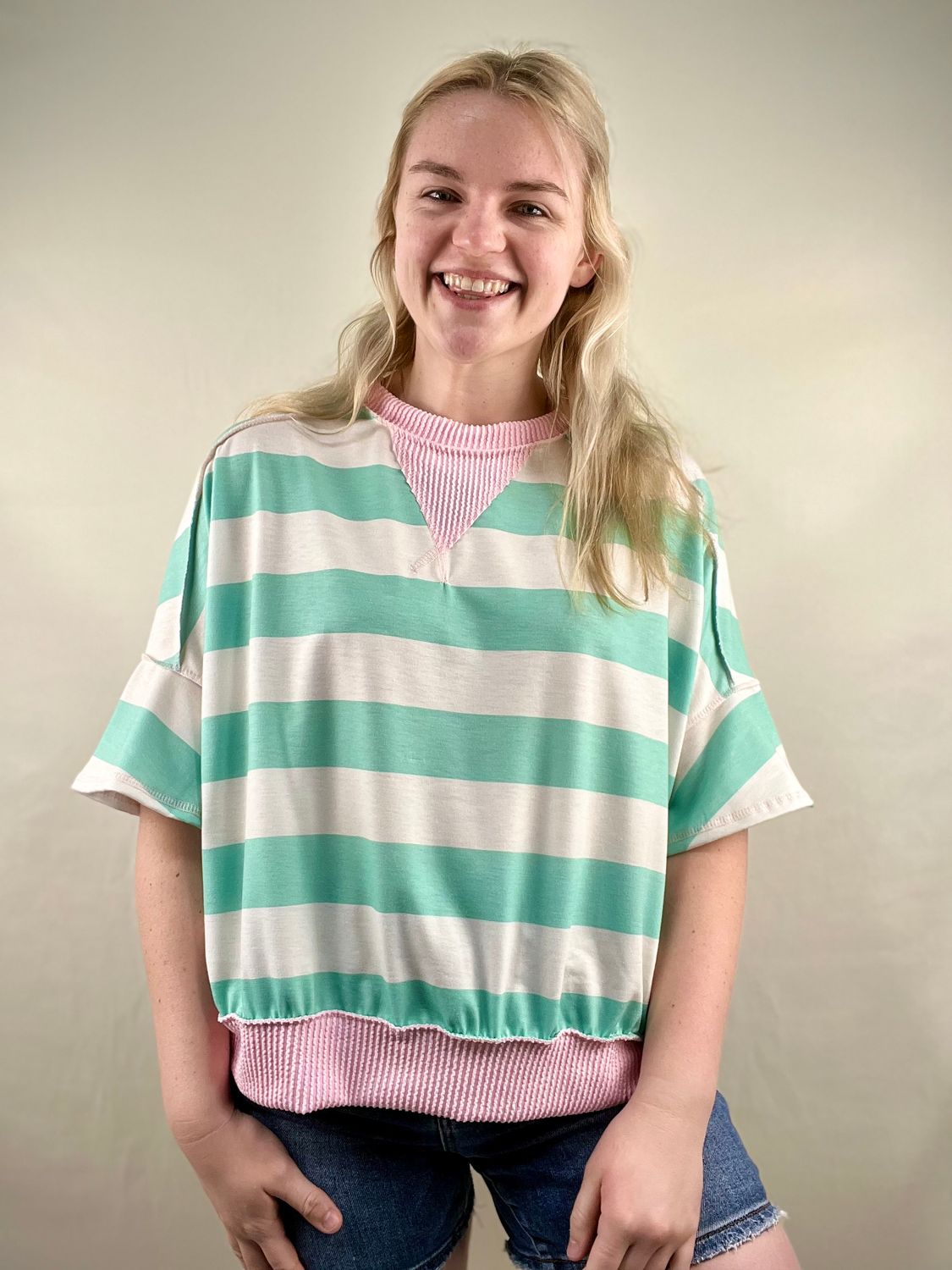 Mint Striped Oversized Flutter Sleeve Top