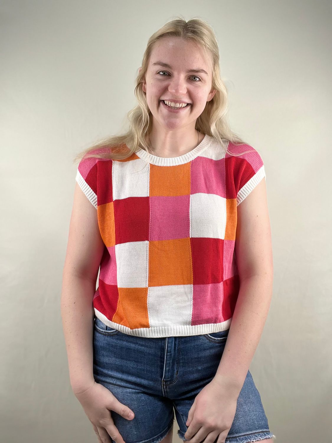 Red/Orange Mix Checked Sweater Top