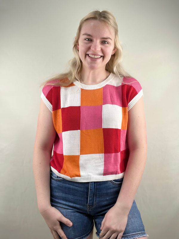 Red/Orange Mix Checked Sweater Top