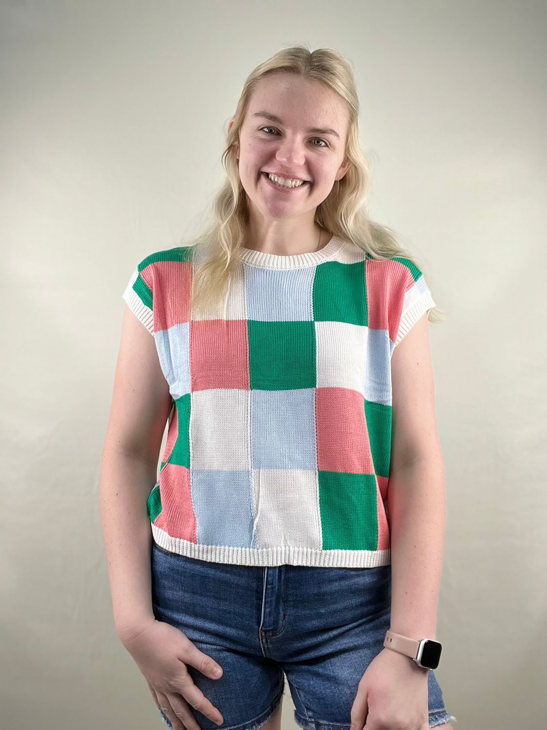 Green/Blue Mix Checked Sweater Top