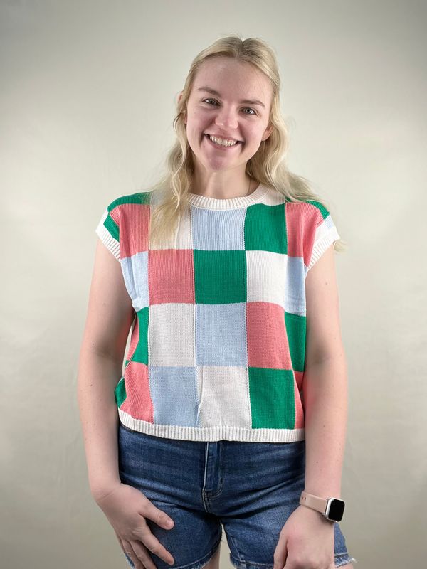 Green/Blue Mix Checked Sweater Top