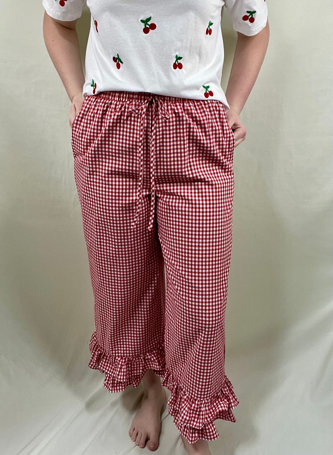 Red Gingham Ruffle Crop Pants