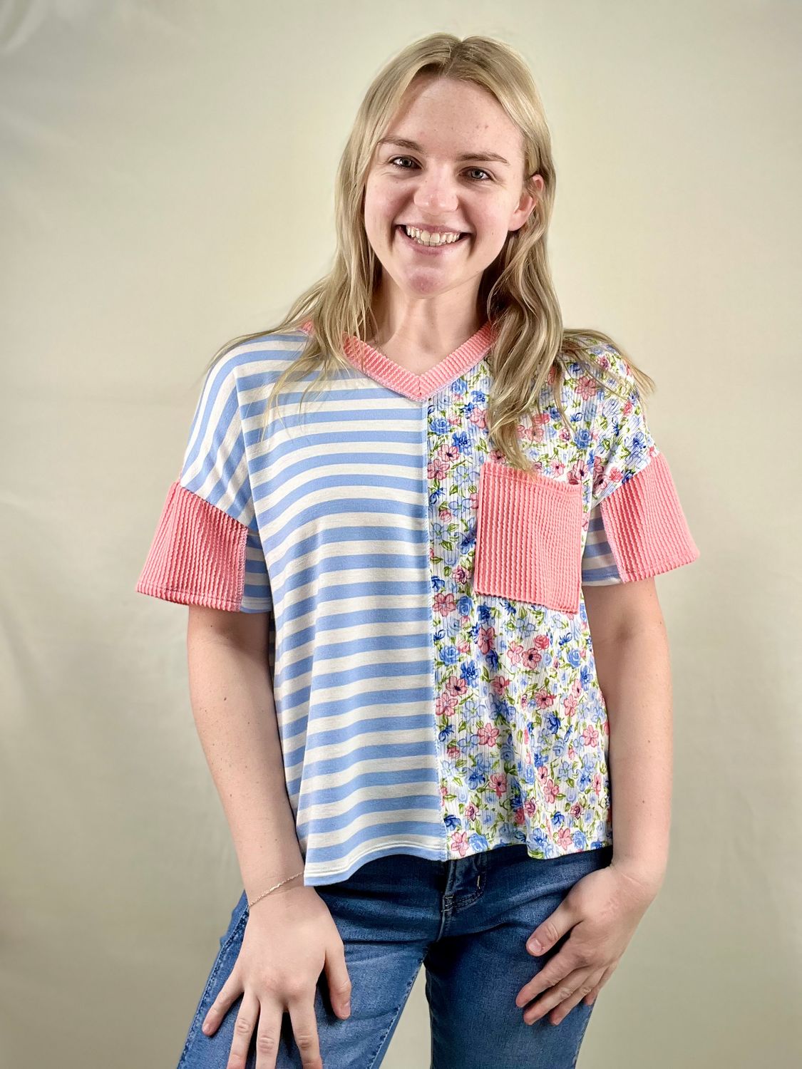 V-Neck Floral/Stripe Block Top