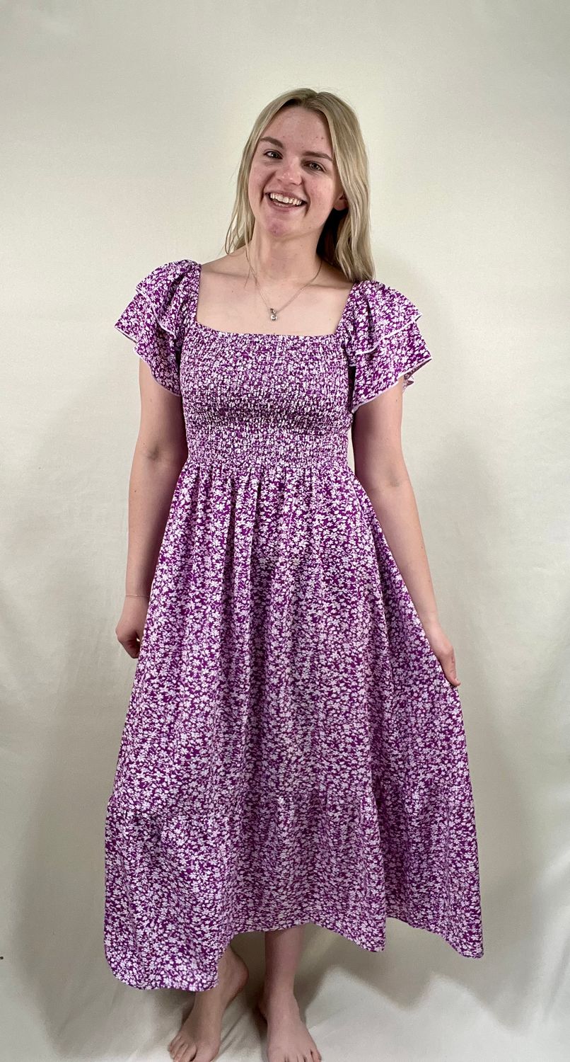 Purple Floral Smocked Maxi Dress