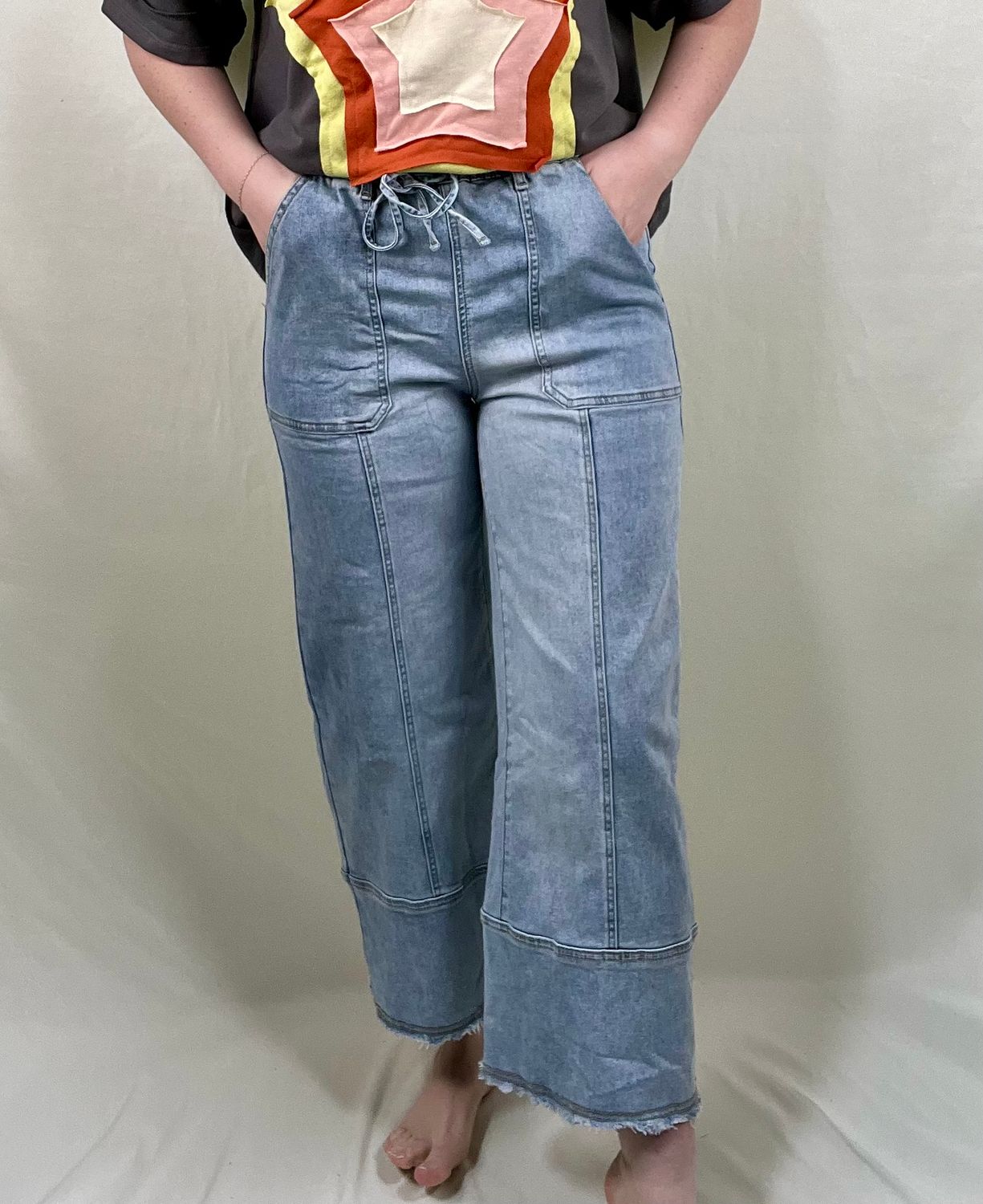 Wide Leg Raw Seam Drawstring Pants