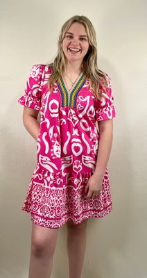 Hot Pink Mixed Print Summer Dress