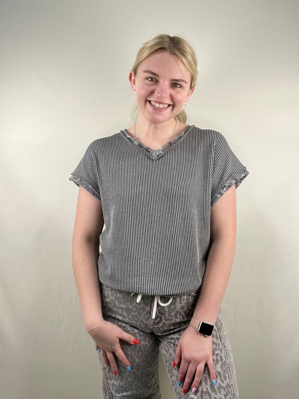 Grey Leopard Accent Ribbed Top