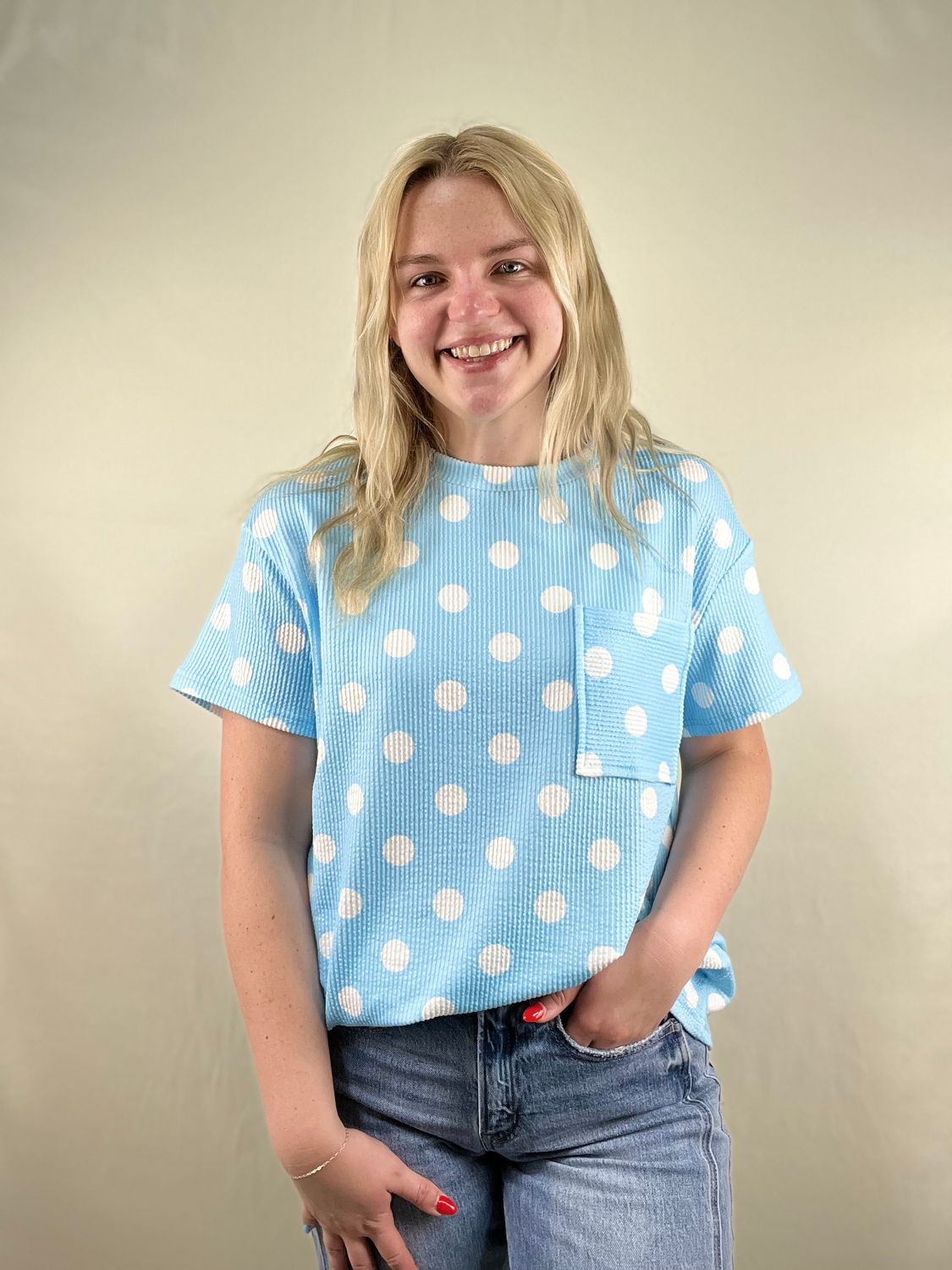 Polka Dot Ribbed Pocket Top