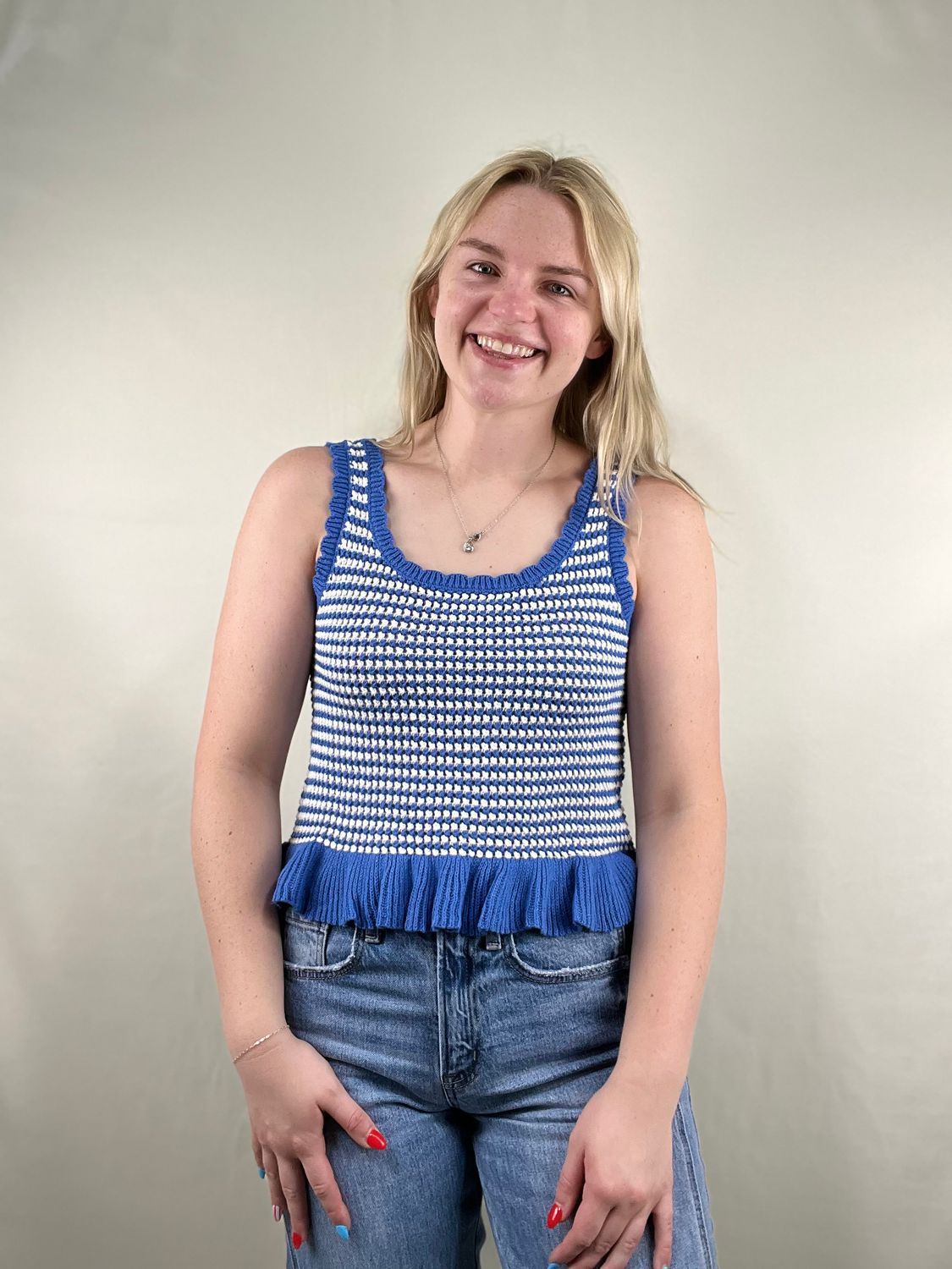 Blue Ruffle Hem Sweater Tank