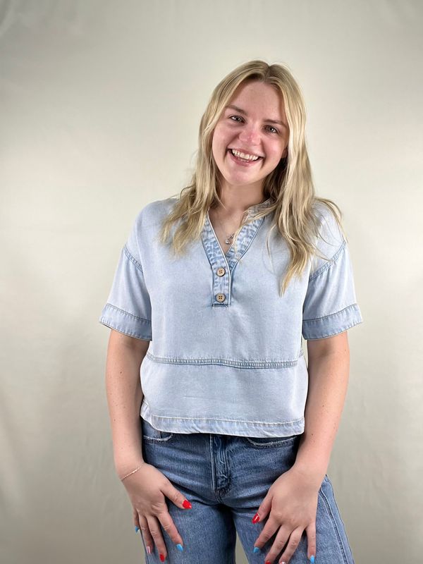 Washed Denim Split Neck Top