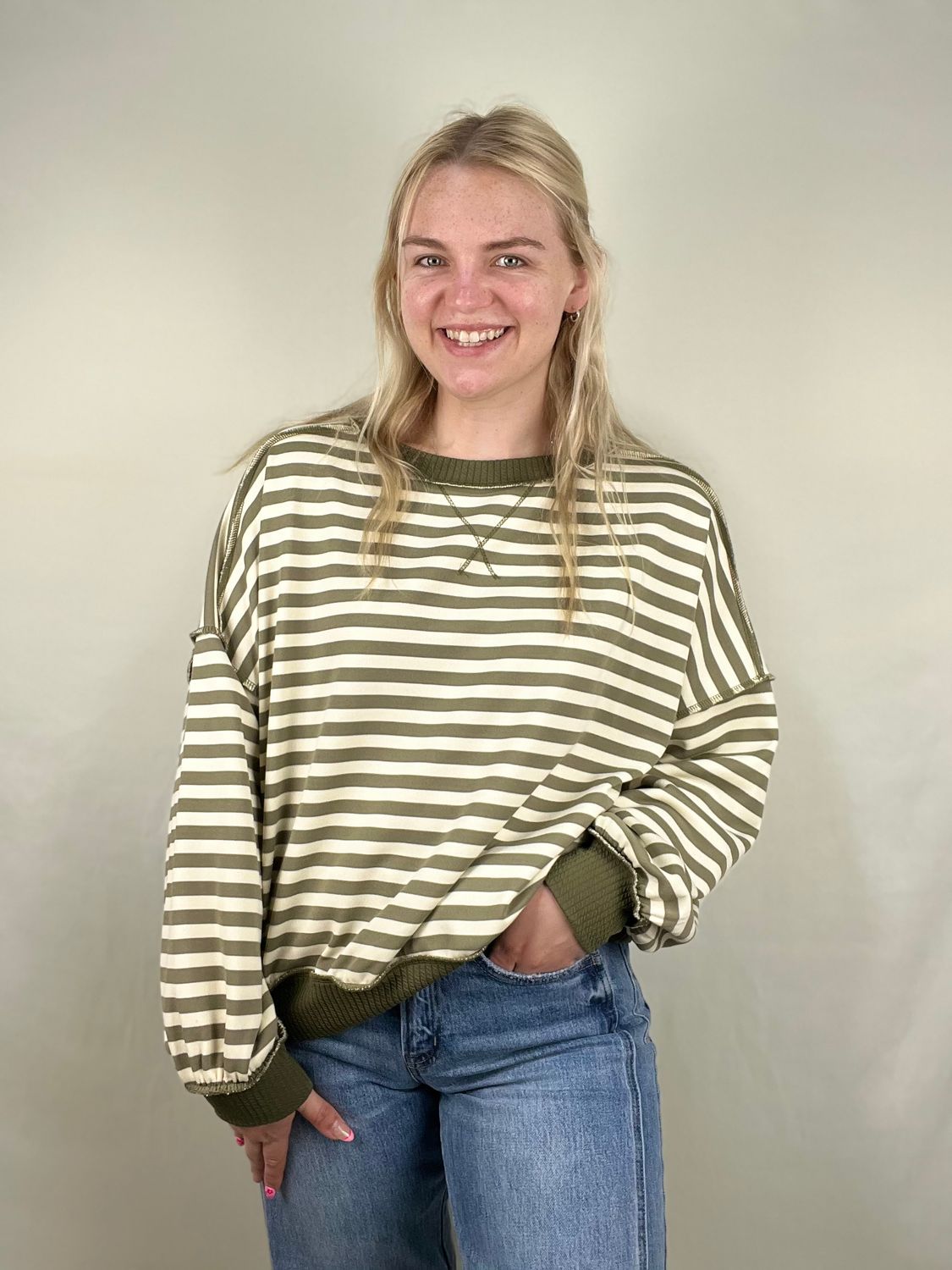 Cream/Olive Striped Long Sleeve Top