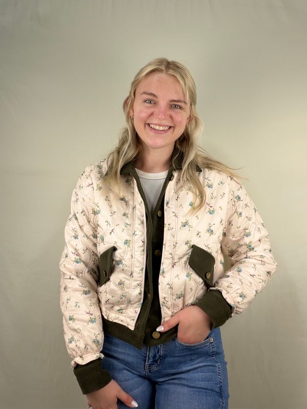 Floral Puff Jacket with Corduroy Detail
