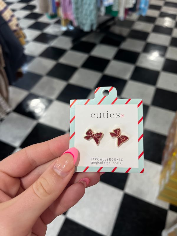 Red Glitter Bow Stud Earrings