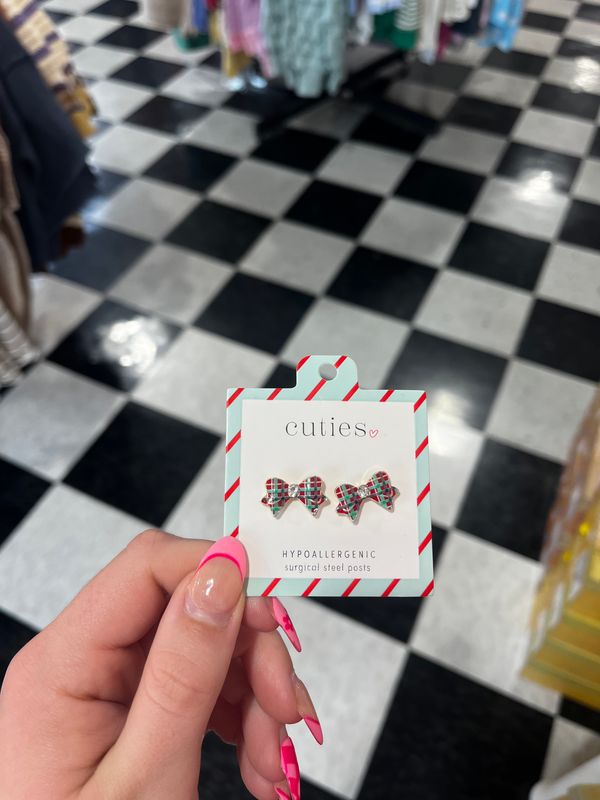 Plaid Bow Stud Earrings