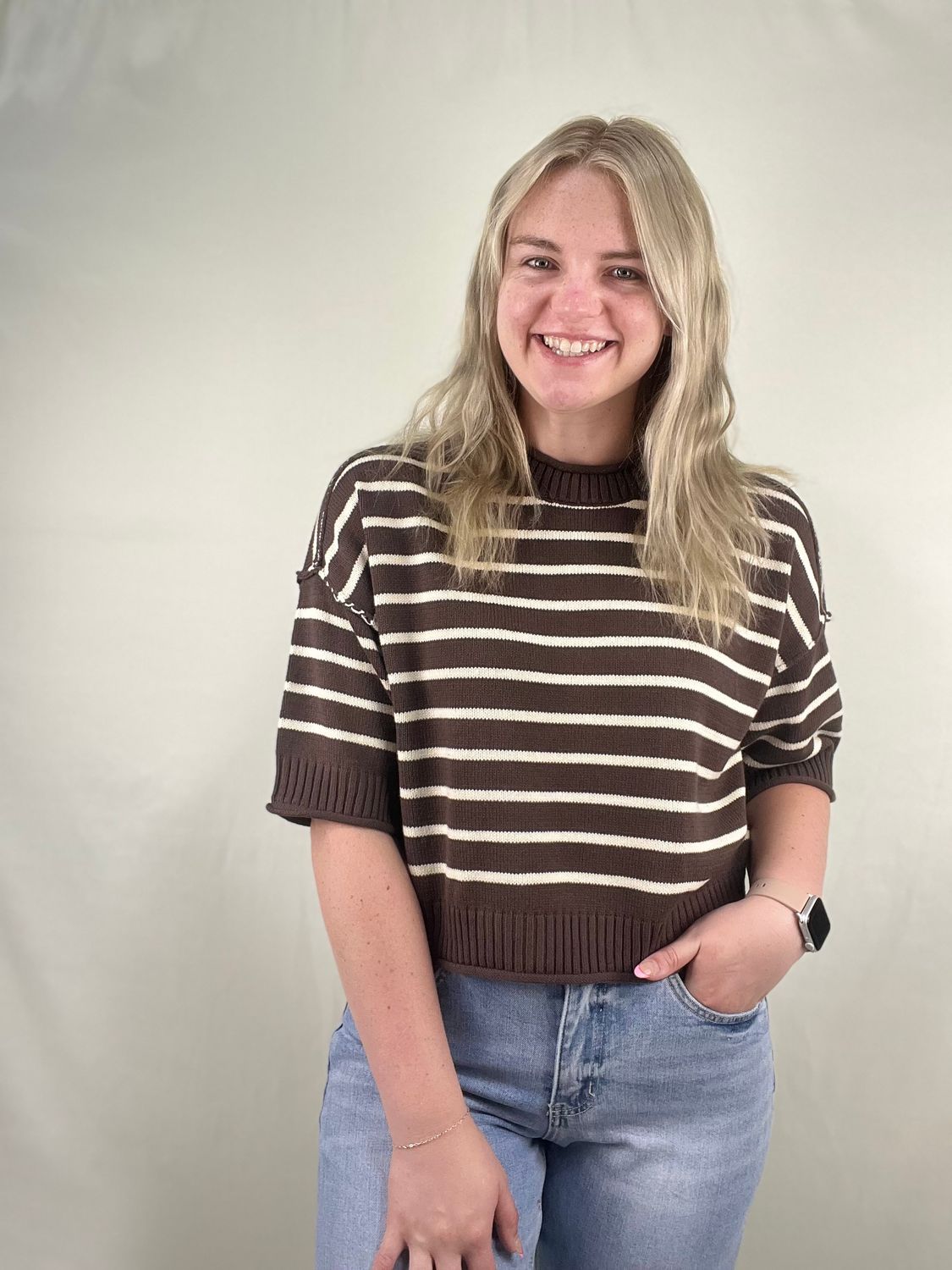 Brown Striped Short Sleeve Sweater