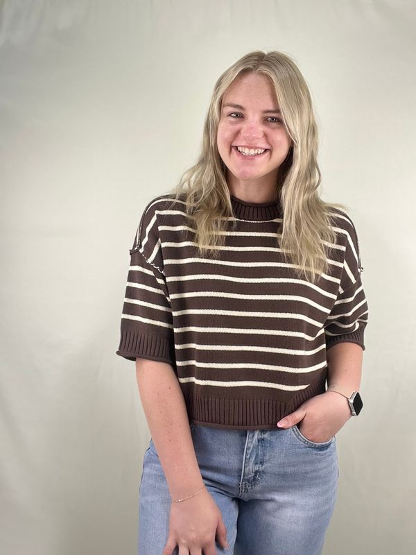 Brown Striped Short Sleeve Sweater