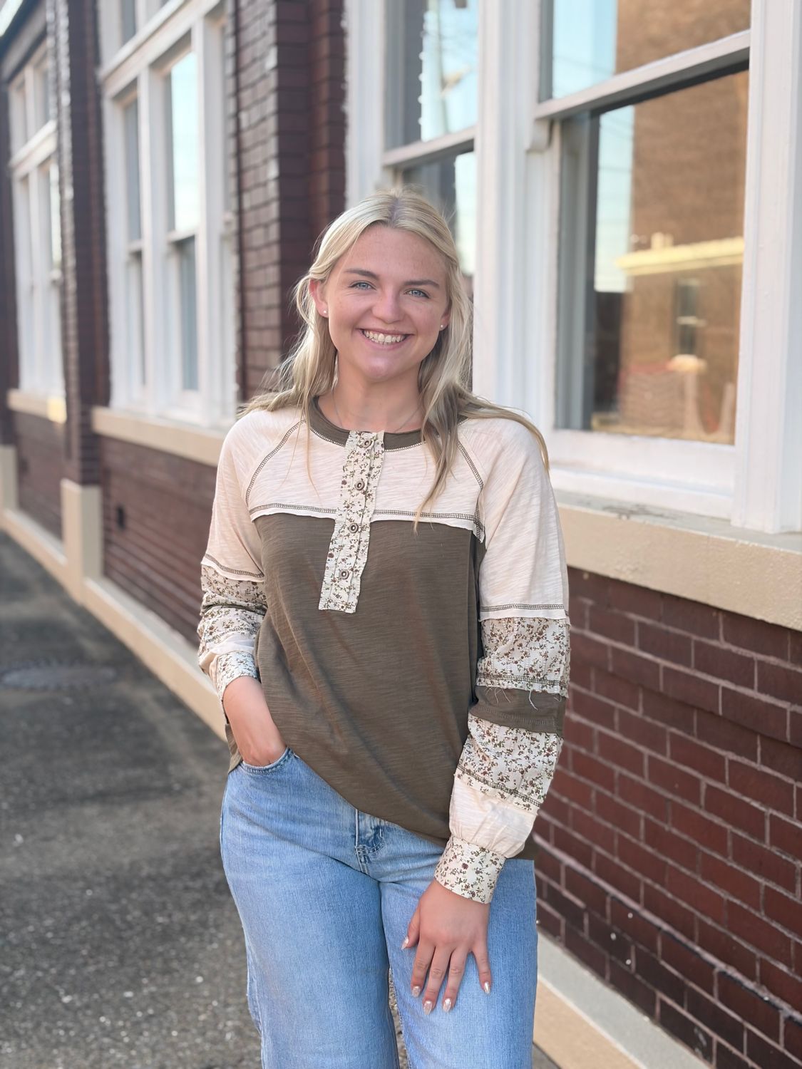 Olive Raglan Patch Sleeve Top
