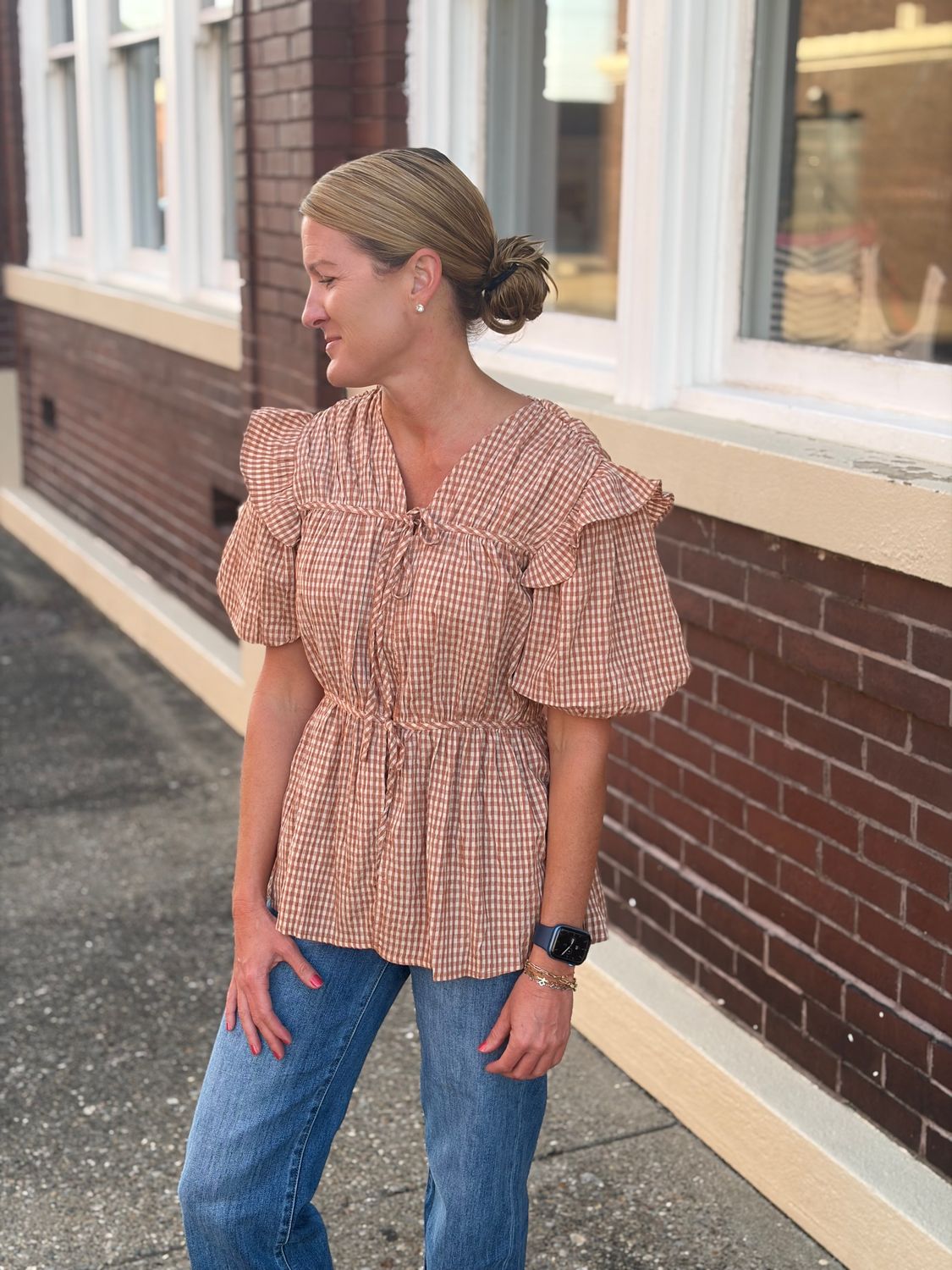 Brown Gingham Tie-Front Blouse