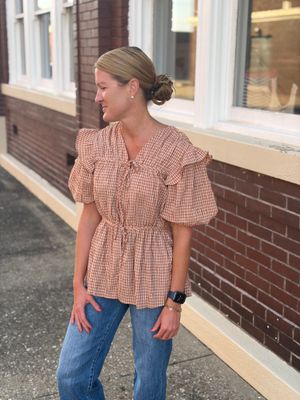 Brown Gingham Tie-Front Blouse
