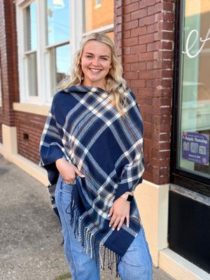 Navy Plaid Poncho