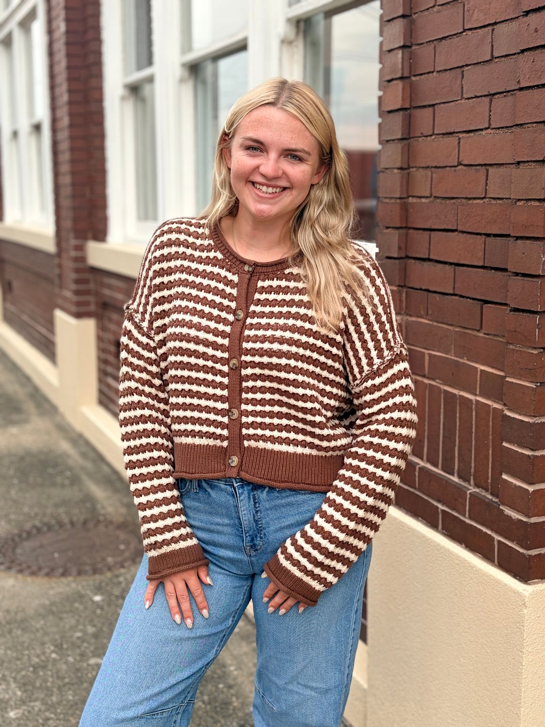 Brown Striped Crochet Button Sweater