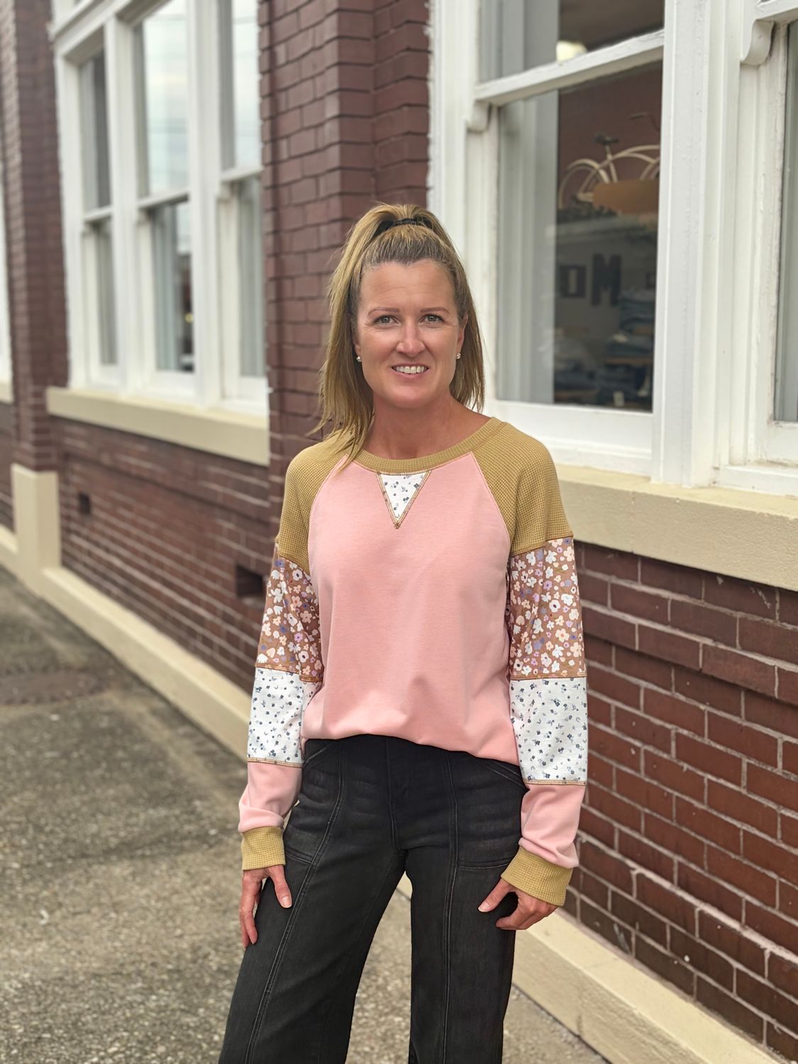 Floral Print Waffle Patchwork Top