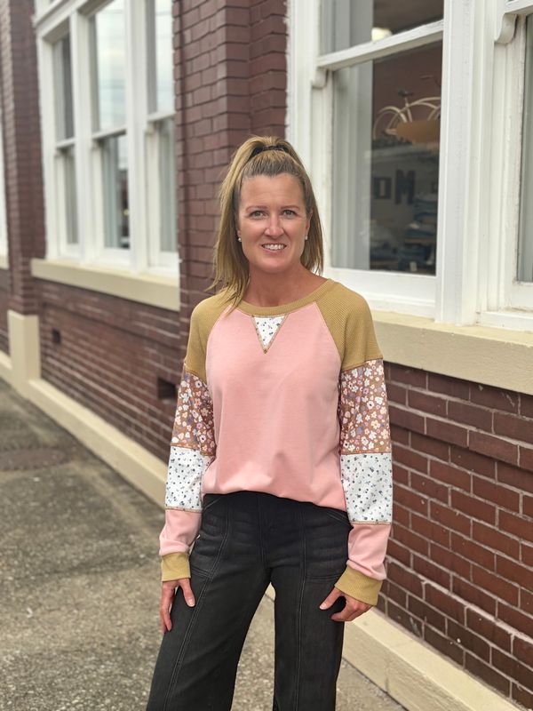 Floral Print Waffle Patchwork Top