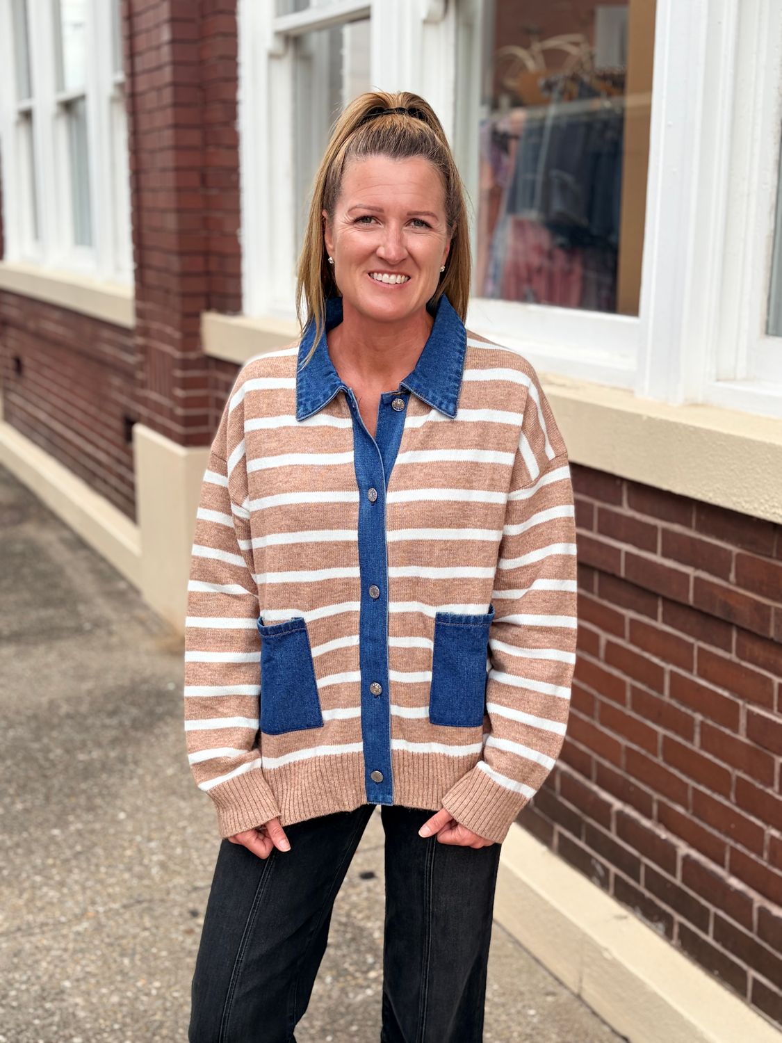 Taupe Collared Stripe Button Up Sweater