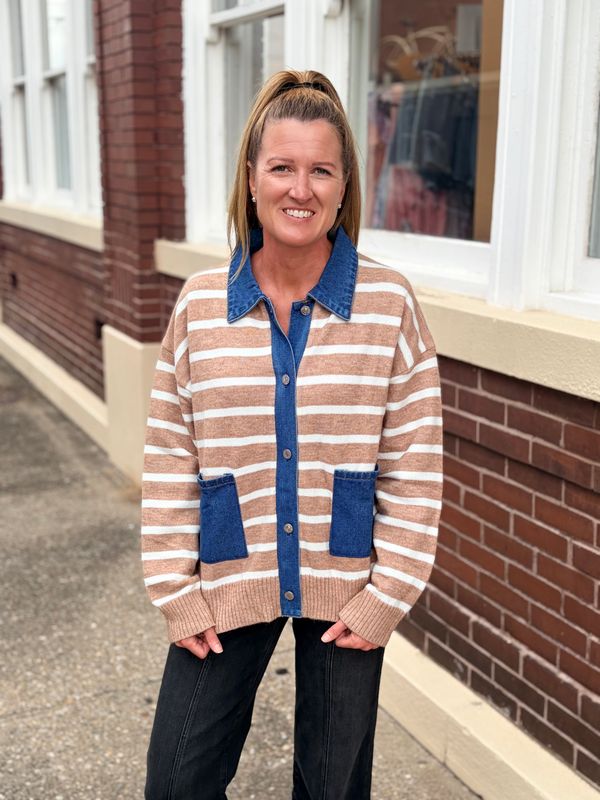 Taupe Collared Stripe Button Up Sweater