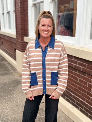 Taupe Collared Stripe Button Up Sweater Taupe Collared Stripe Button Up Sweater