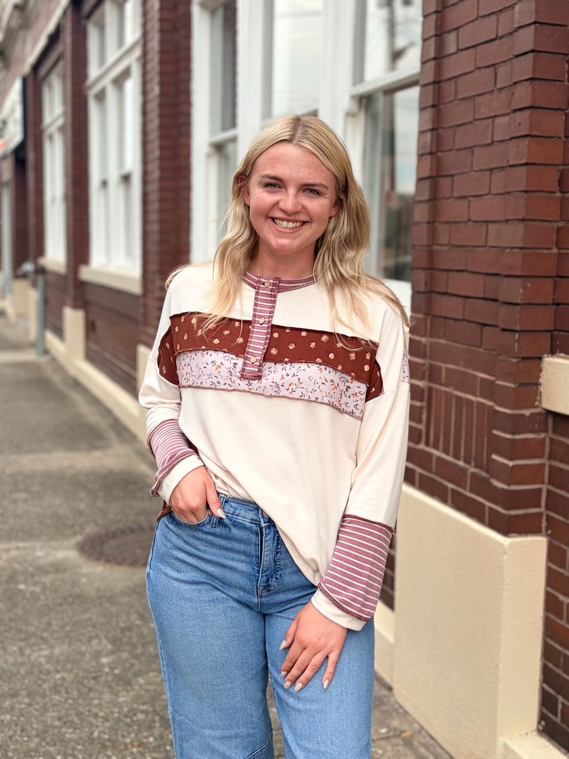 Oatmeal Mixed Print Henley Top