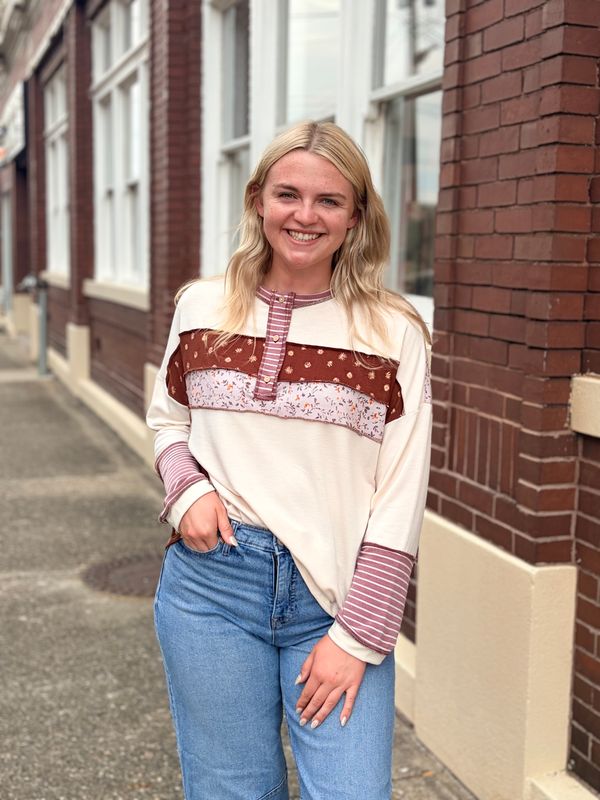 Oatmeal Mixed Print Henley Top
