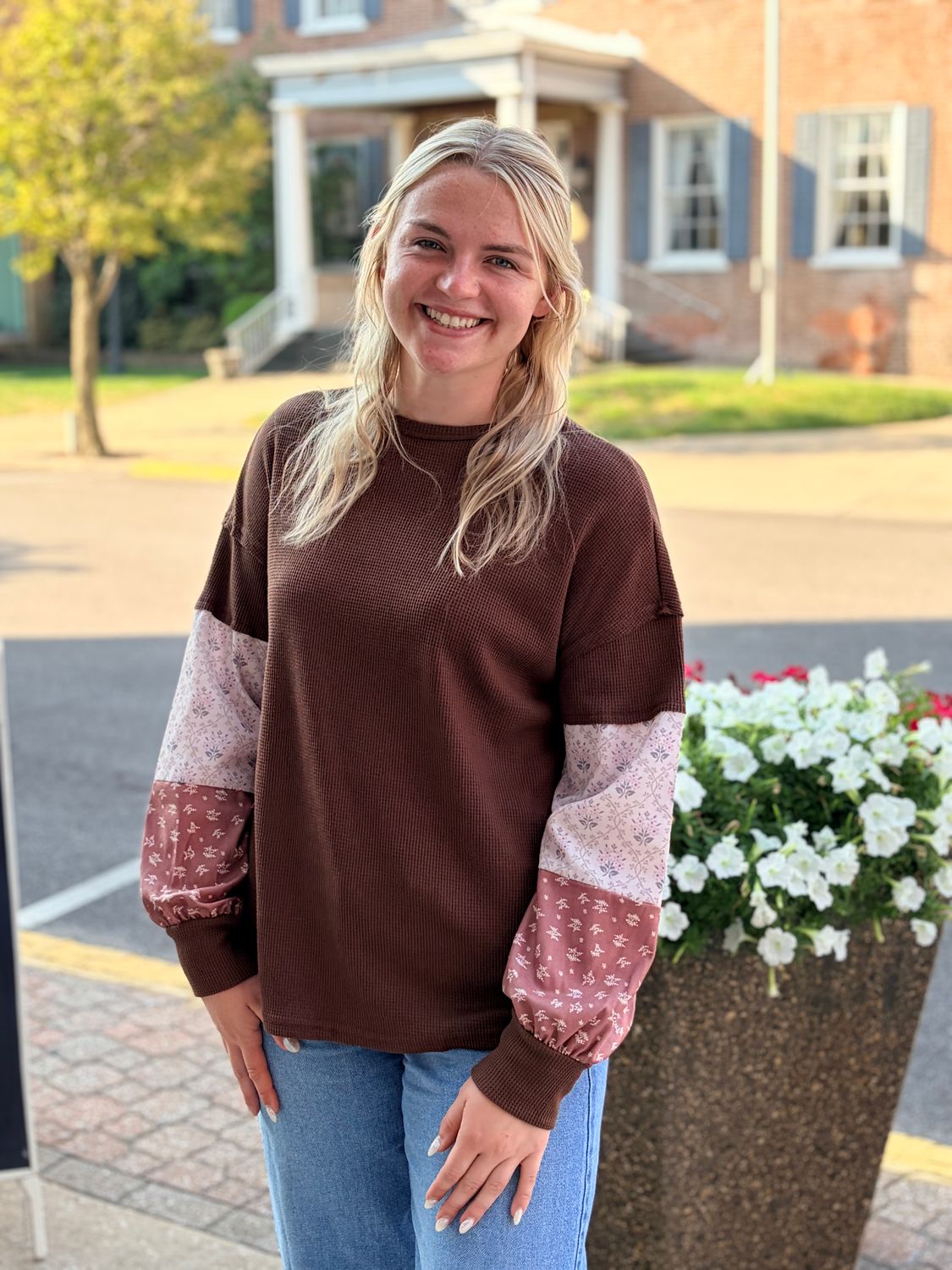 Deep Brown Floral Print Textured Top