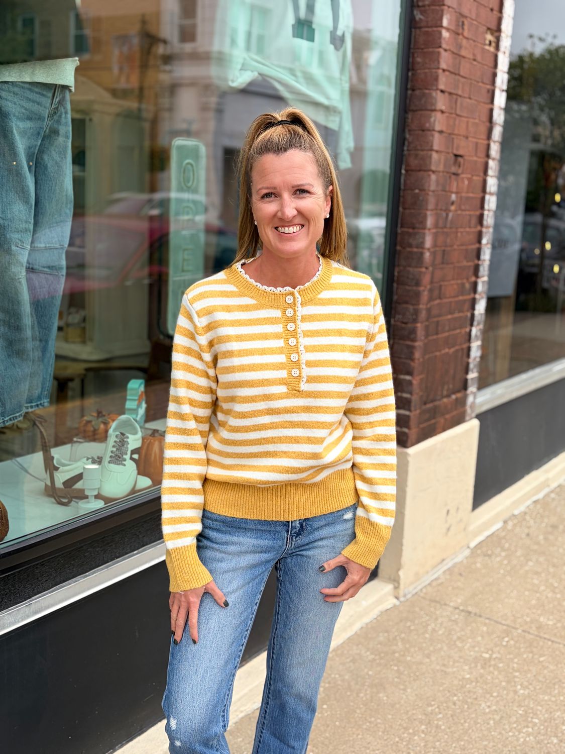 Mustard Striped Henley Sweater